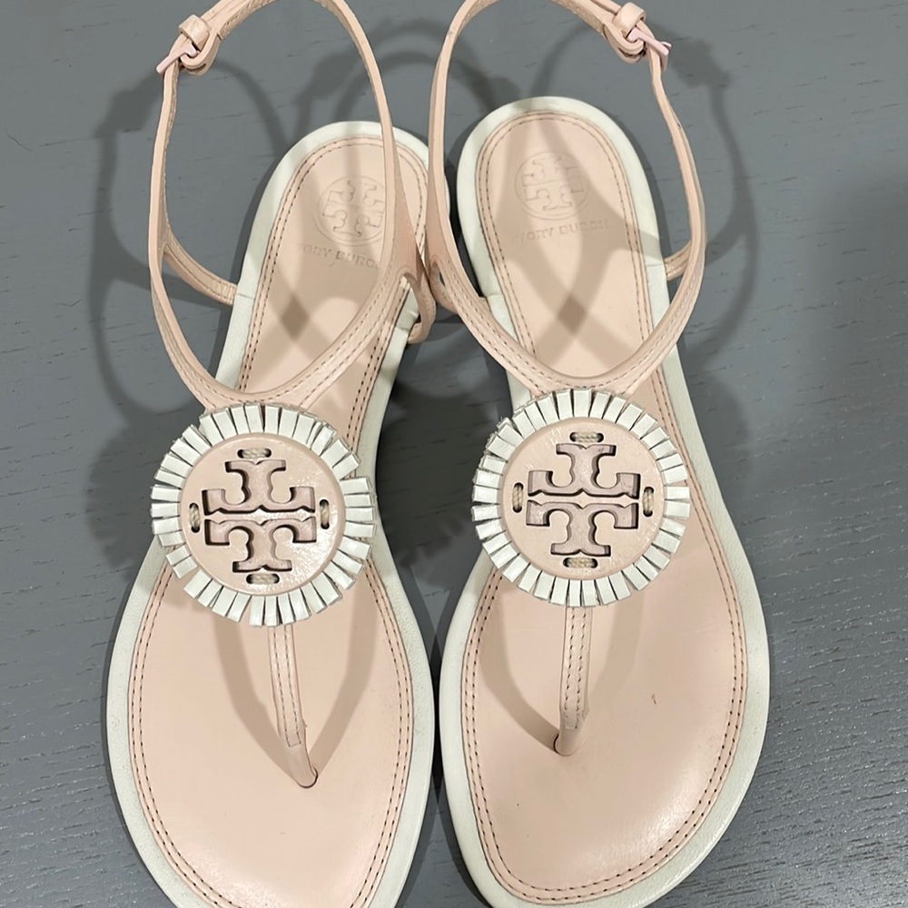 pink and white tory burch sandals